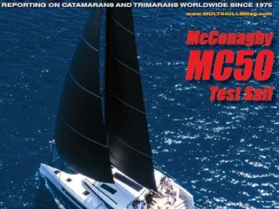 McConaghy 50 catamaran test sail Front cover Multihulls Magazine June 2018